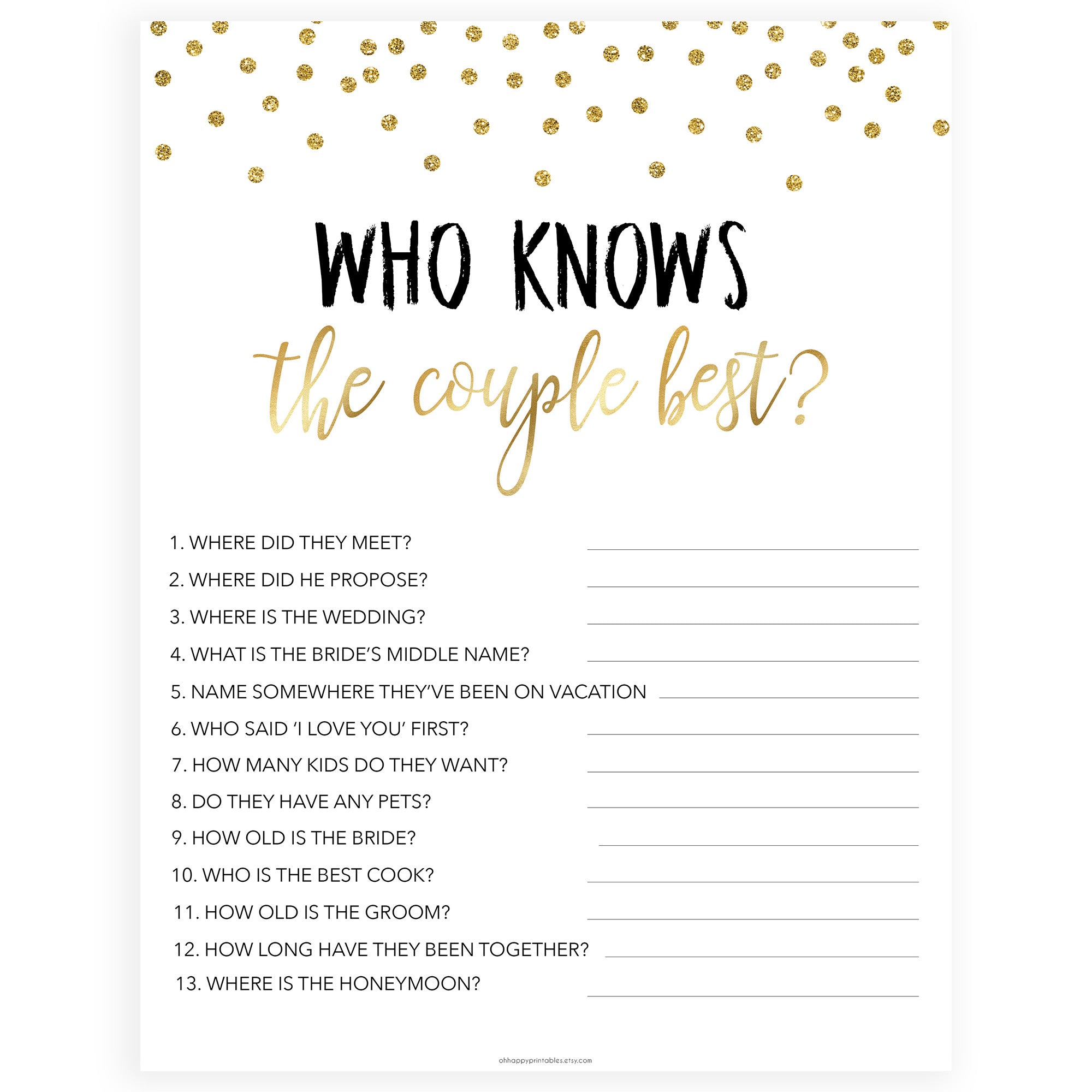 Who Knows the Couple Best Gold Hearts  Shop Bridal Shower Games –  OhHappyPrintables