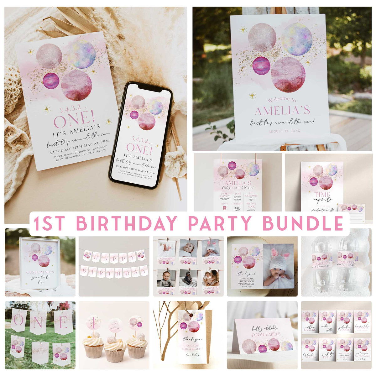 fully editable first trip around the sun girl first birthday bundle