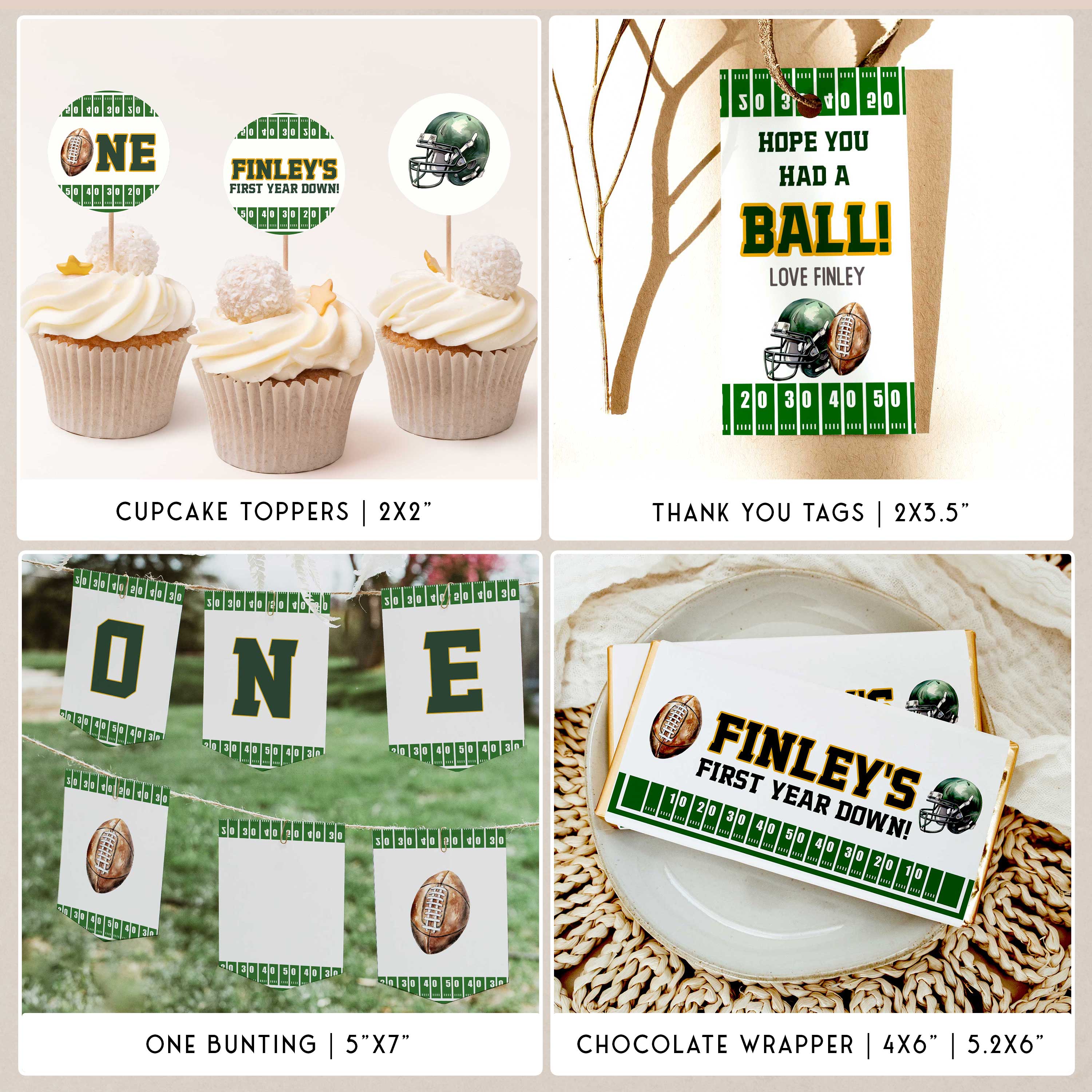 American football first birthday party bundle. Fully editable birthday bundle set