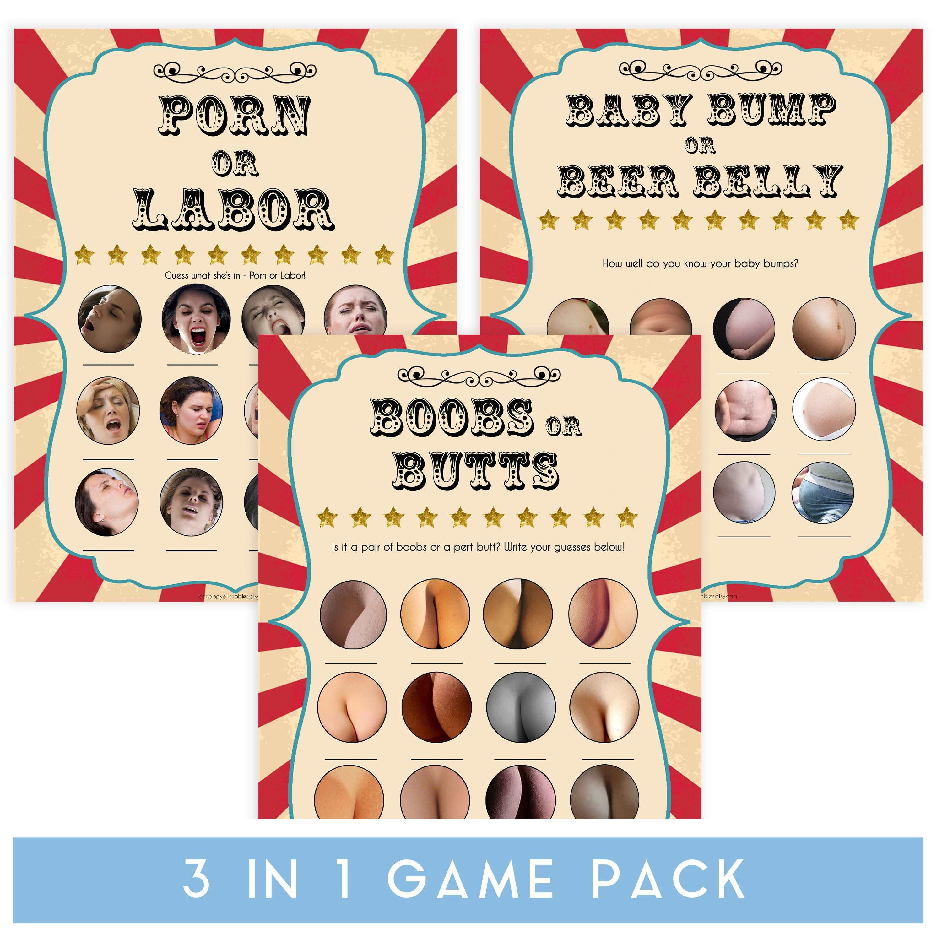 3000px x 3000px - 3 Baby Games Pack - Porn or Labor, Boobs or Butts, Baby Bump Games â€“  OhHappyPrintables