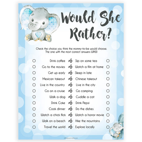 Blue elephant baby games, would she rather, elephant baby games, printable baby games, top baby games, best baby shower games, baby shower ideas, fun baby games, elephant baby shower