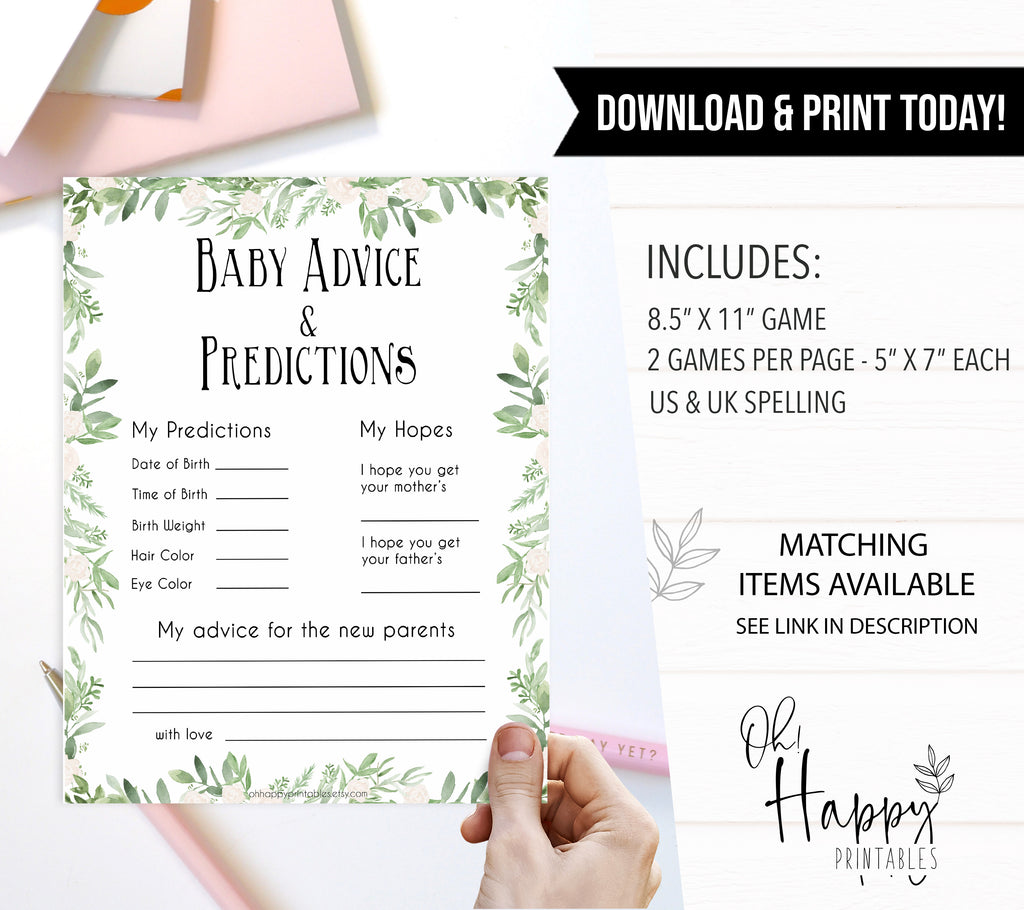 New Baby Advice & Predictions Card - Green Leaf Printable Baby Games ...