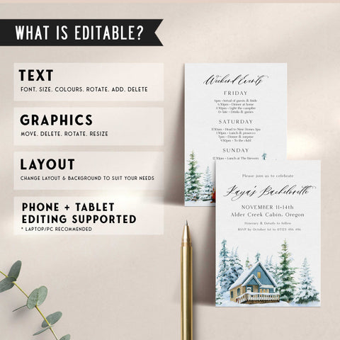 Fully editable and printable mountain cabin invitation with a mountain design. Perfect for a snowy cabin mountain bridal shower