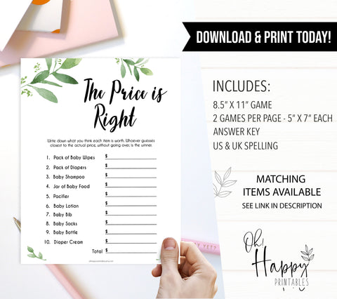 Botanical Price Is Right Baby Shower Game, Gold Guess The Price Games, Eucalyptus Baby Shower Price Games, Green Price Is Right Game