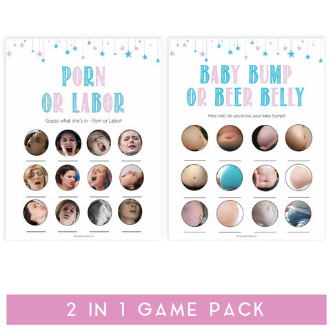 Gender reveal baby games, labor or porn, baby bump or beer belly game, printable baby shower games, fun baby games, top baby games, best baby games, baby shower games