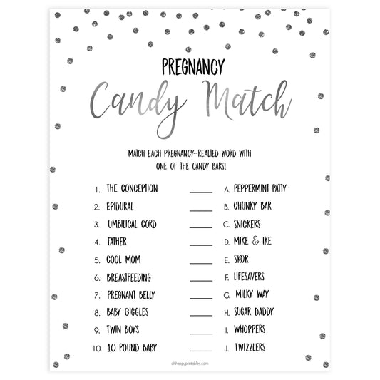 pregnancy candy match, Printable baby shower games, baby silver glitter fun baby games, baby shower games, fun baby shower ideas, top baby shower ideas, silver glitter shower baby shower, friends baby shower ideas