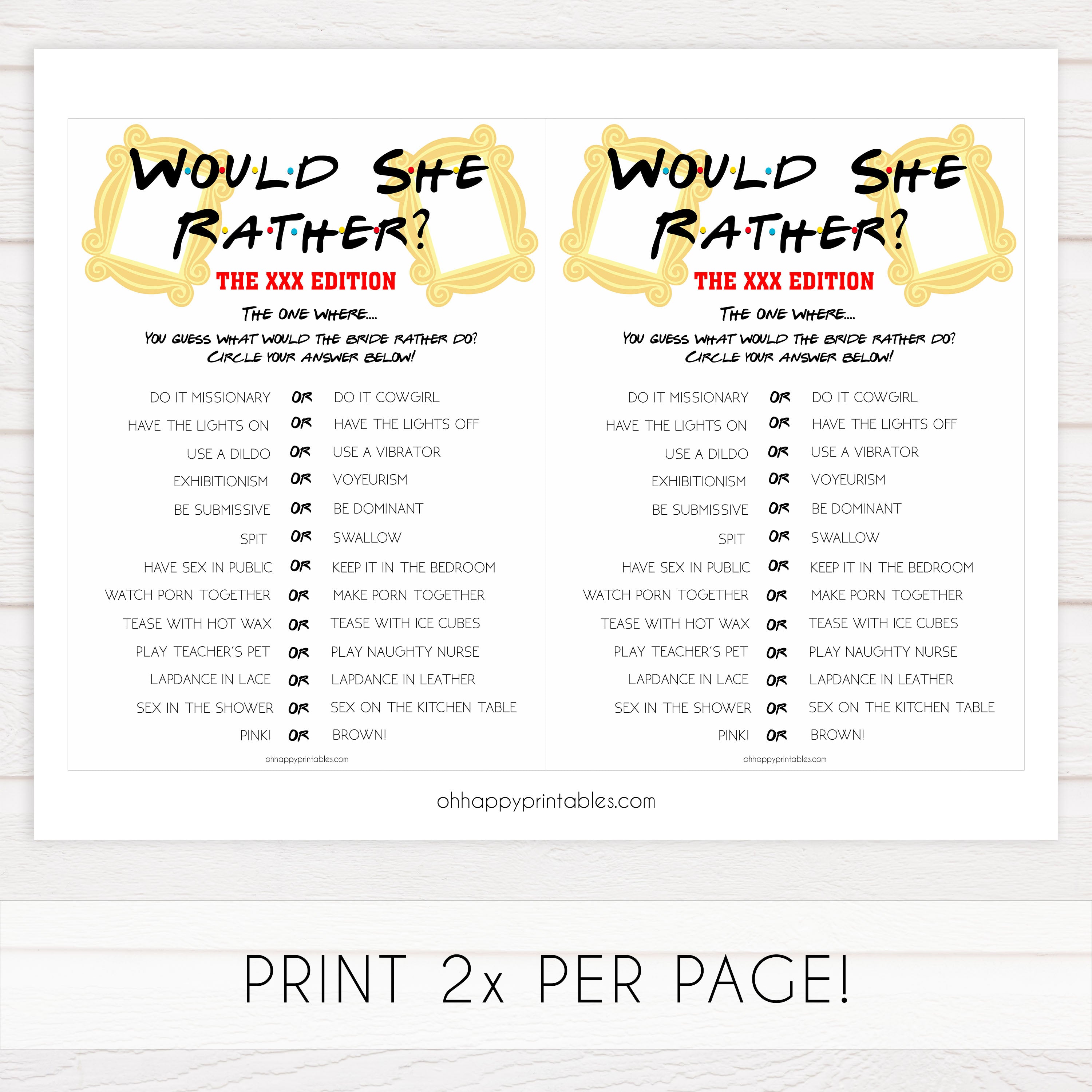 3000px x 3000px - XXX Would She Rather Game | Printable Adult Bachelorette Party Games â€“  OhHappyPrintables