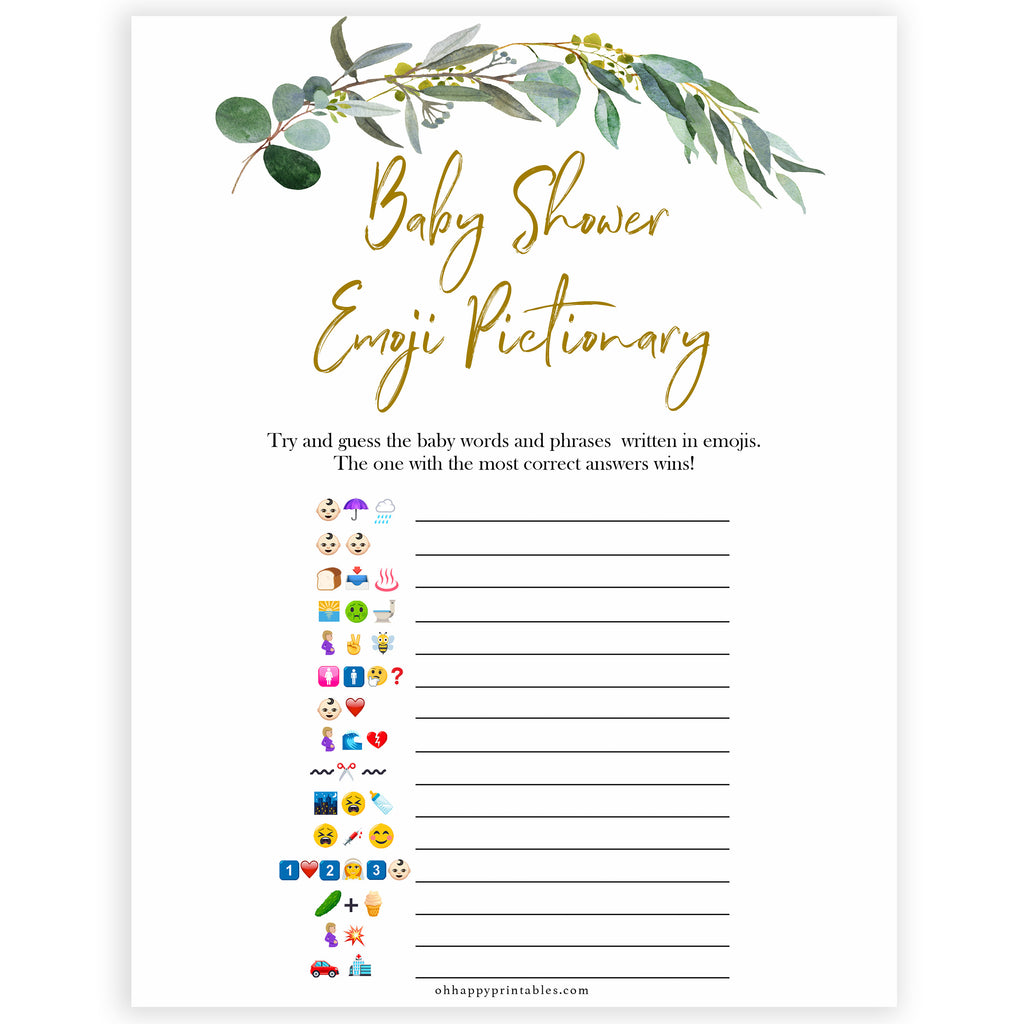 Baby Emoji Pictionary - Printable Eucalyptus Baby Shower Games ...