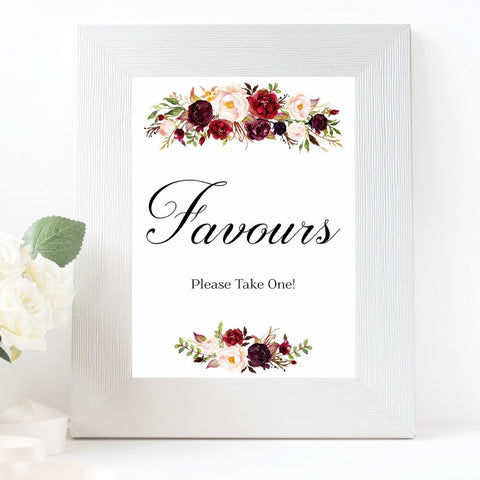 Favours burgundy marsala wedding sign printable