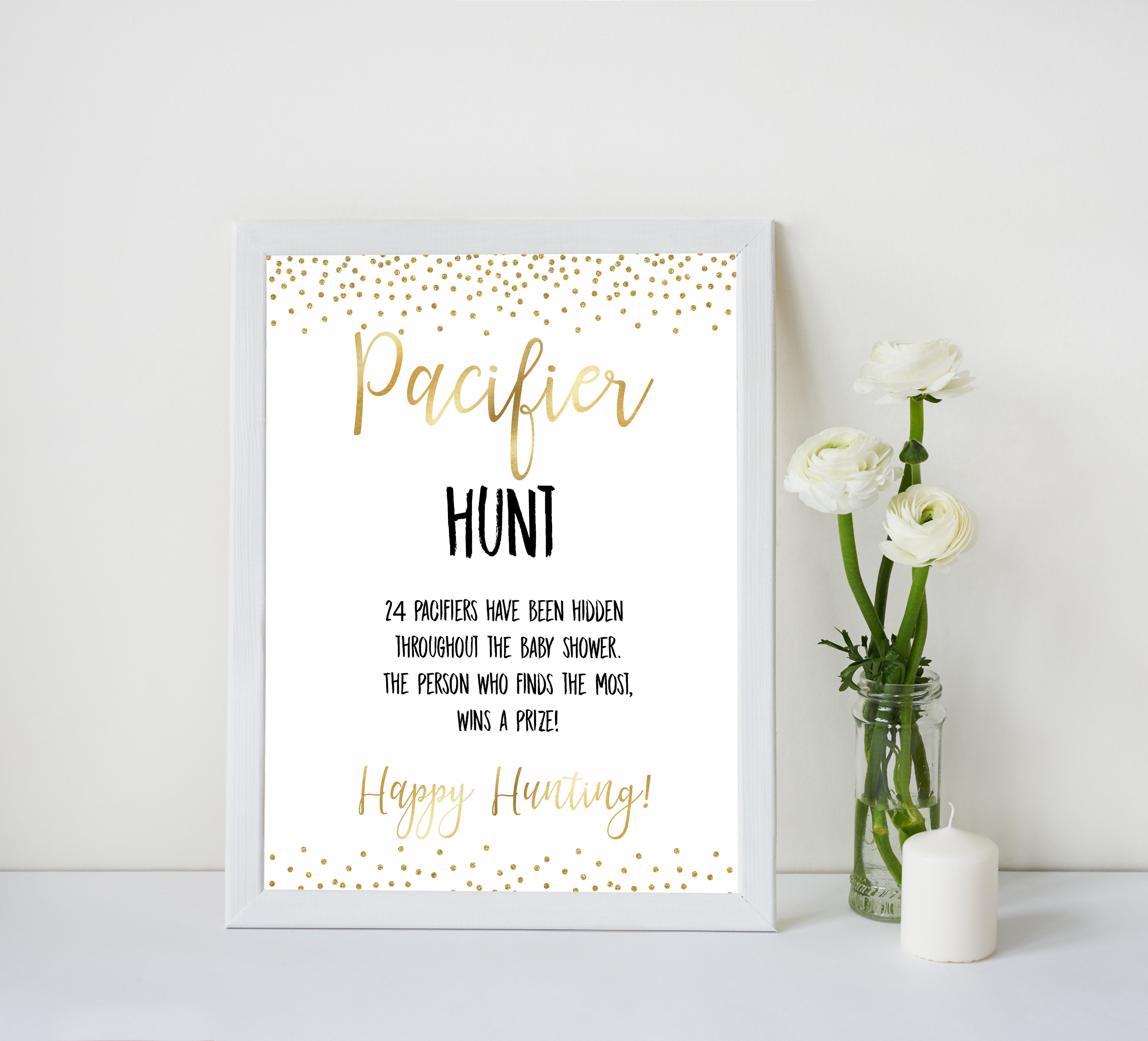 gold glitter pacifier hunt game, gold baby games, printable baby shower games, baby shower games, fun baby games, popular baby games