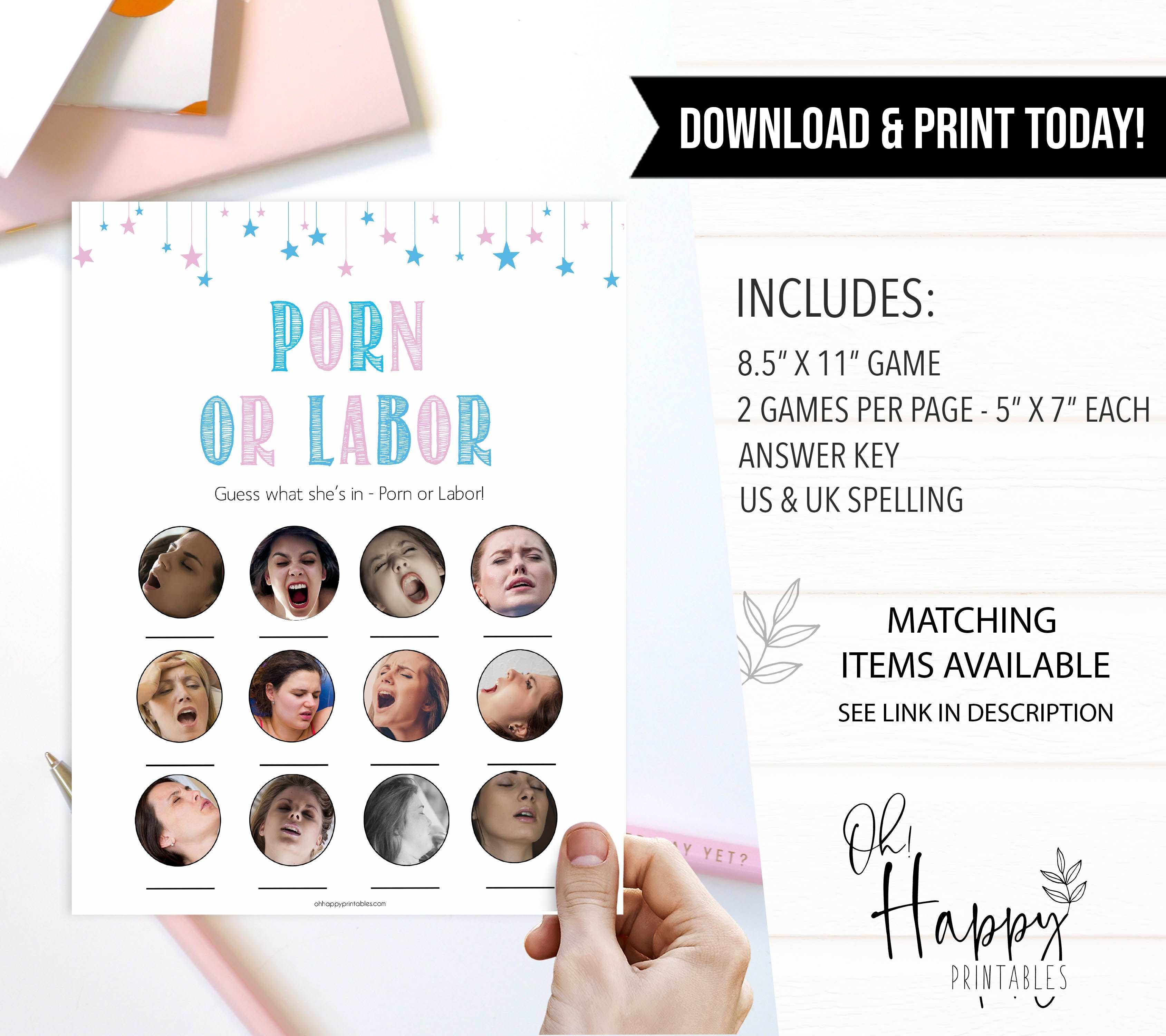 Gender reveal baby games, labor or porn, baby bump or beer belly game, printable baby shower games, fun baby games, top baby games, best baby games, baby shower games