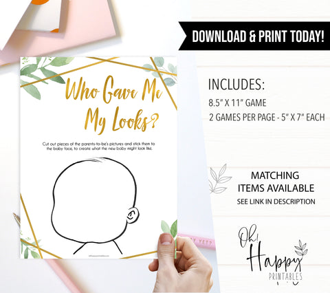 gold geometric who gave me my looks baby shower games, printable baby shower games, fun baby games, popular baby games, gold baby games