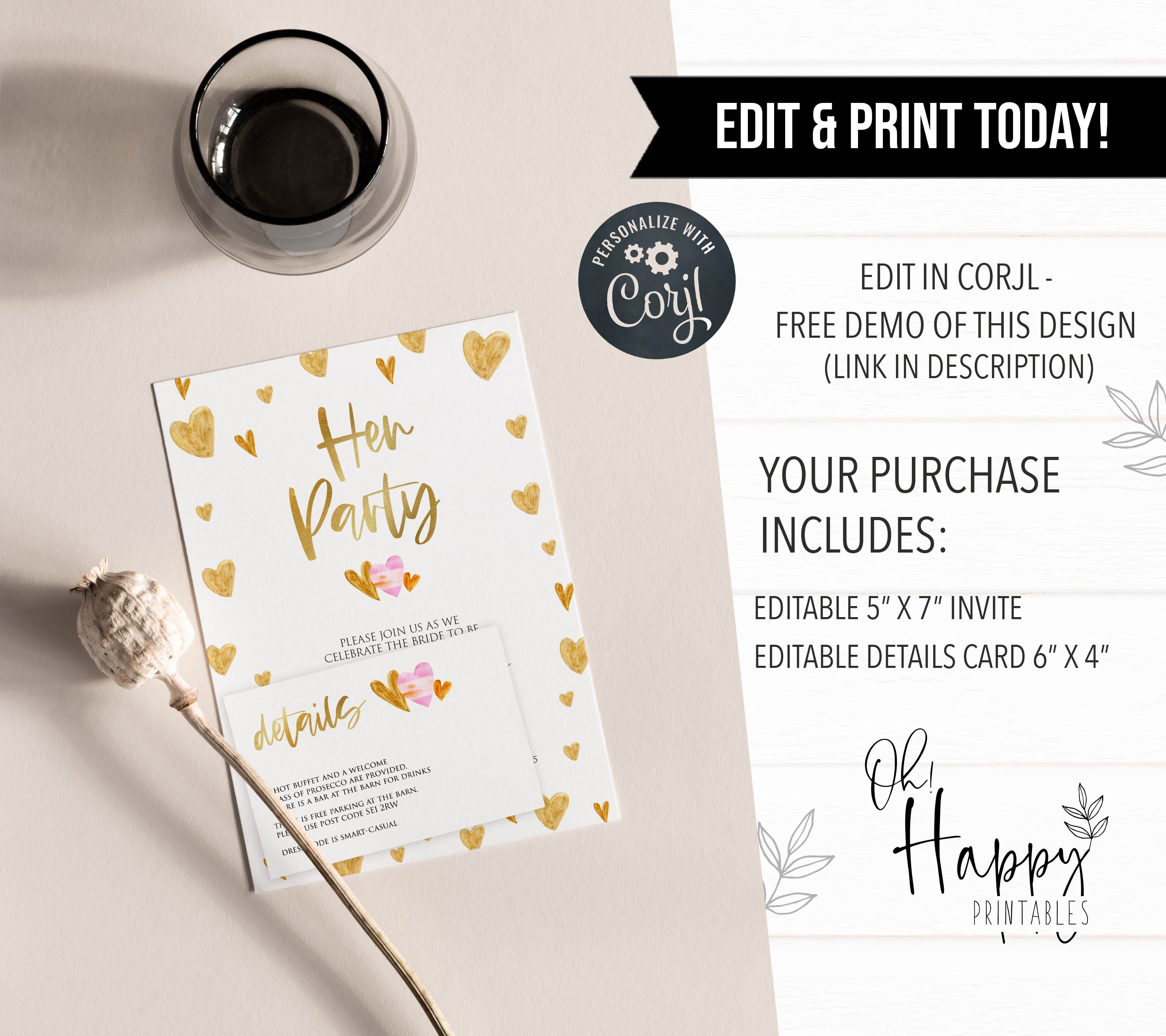 gold hearts bridal shower invitations, printable bridal shower invites, editable bridal shower invitations, bachelorette party invites, hen party invitations