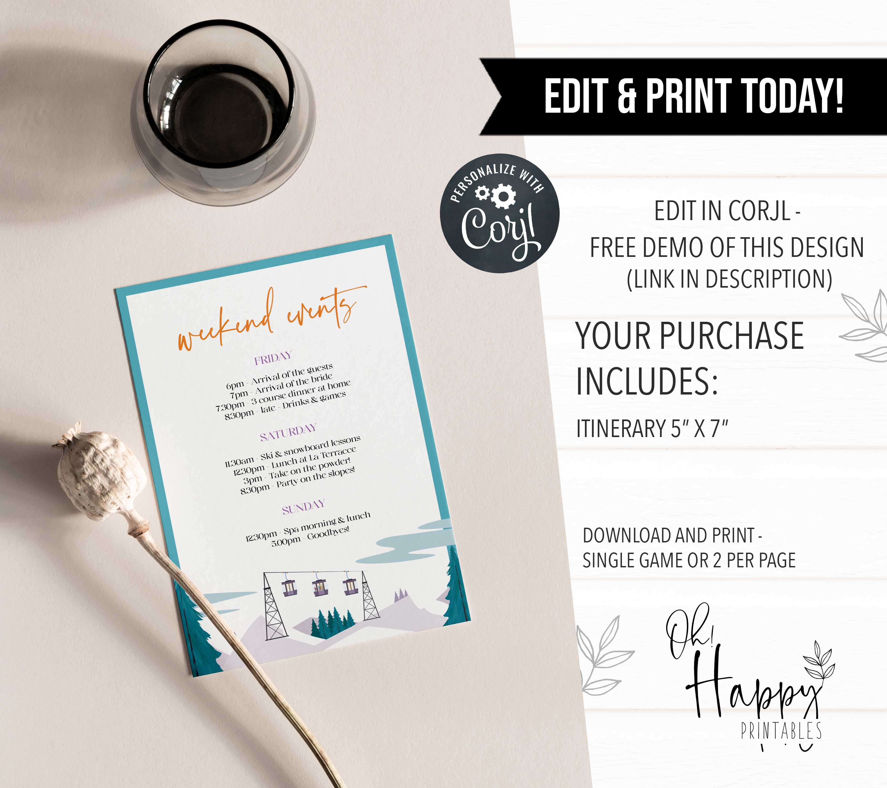 Fully editable and printable bachelorette weekend invitation  with a ski slopes design. Perfect for a aspen ski slopes bachelorette themed party