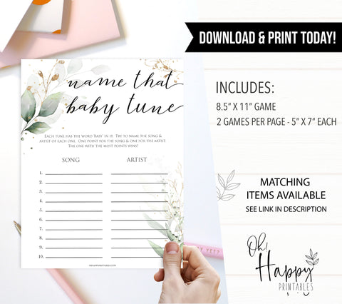 Gold green leaf baby games, name that baby tune, printable baby games, fun baby games, top baby games to play, gold leaf baby shower, greenery baby shower ideas