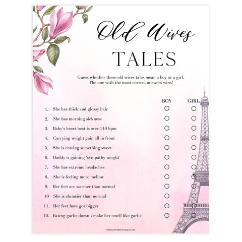 old wives tales baby game, Paris baby shower games, printable baby shower games, Parisian baby shower games, fun baby shower games