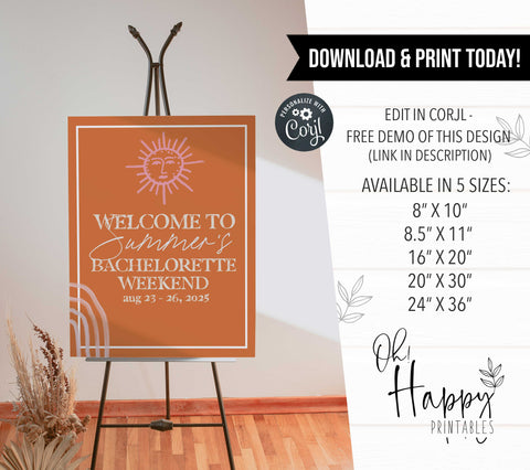 Fully editable and printable bachelorette weekend welcome sign with a Palm Springs design. Perfect for a Palm Springs bridal shower themed party