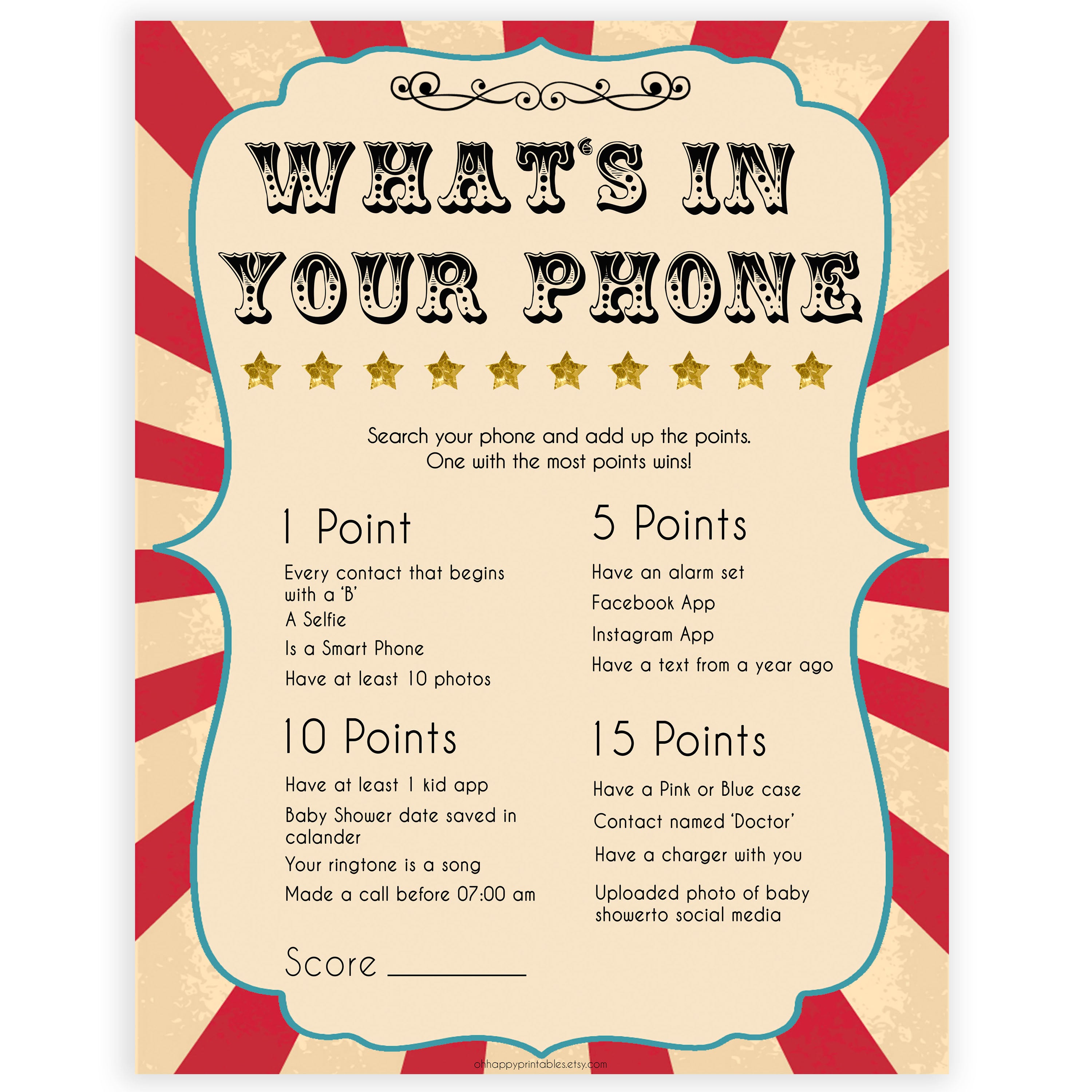 Circus whats in your phone baby shower games, circus baby games, carnival baby games, printable baby games, fun baby games, popular baby games, carnival baby shower, carnival theme