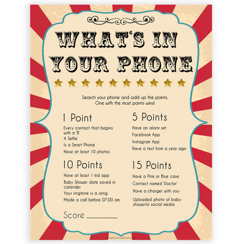 Circus whats in your phone baby shower games, circus baby games, carnival baby games, printable baby games, fun baby games, popular baby games, carnival baby shower, carnival theme