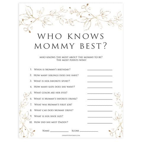 Who Knows Mommy Best - Gold Leaf Printable Baby Shower Games ...