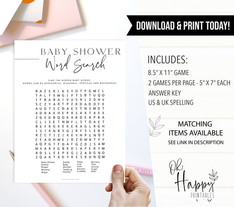 Printable baby shower game Word Search with a modern minimalist design