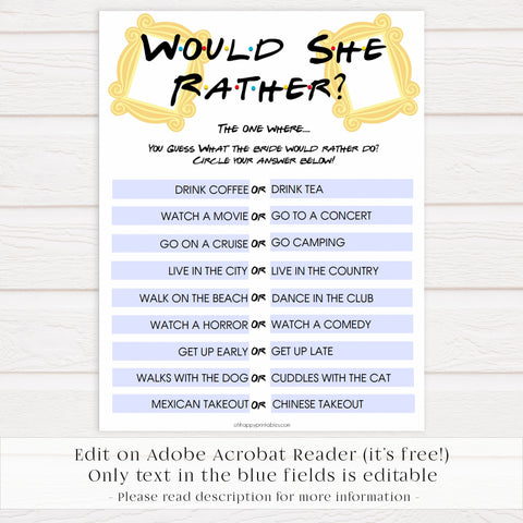 bridal would she rather, would she rather, Printable bridal shower games, friends bridal shower, friends bridal shower games, fun bridal shower games, bridal shower game ideas, friends bridal shower