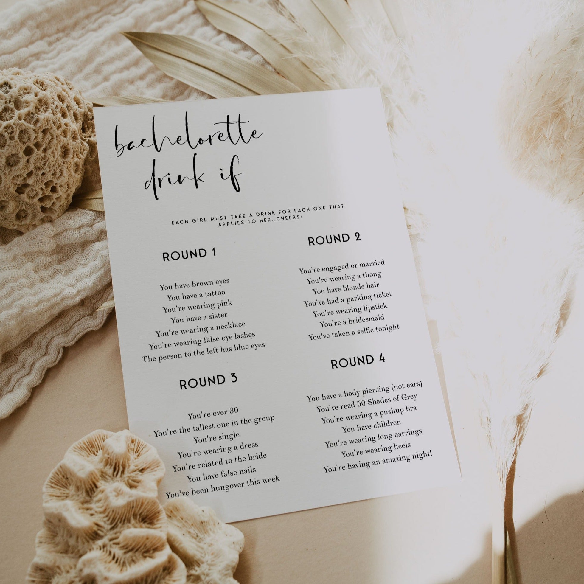 Fully editable and printable bachelorette drink if game with a modern minimalist design. Perfect for a modern simple bridal shower themed party