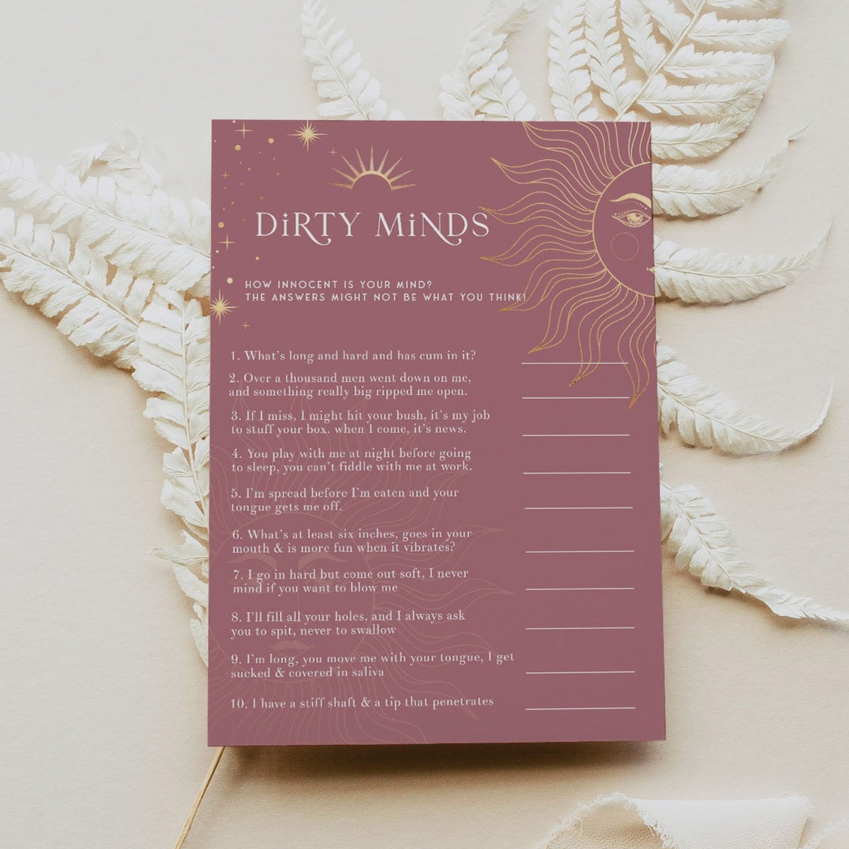 Fully editable and printable bridal shower dirty minds game with a celestial design. Perfect for a celestial bridal shower themed party