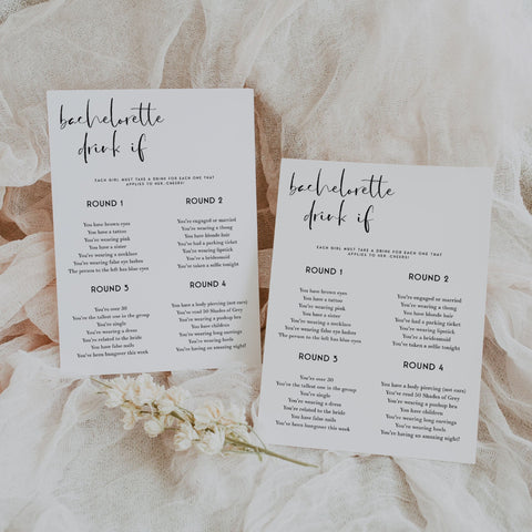 Fully editable and printable bachelorette drink if game with a modern minimalist design. Perfect for a modern simple bridal shower themed party