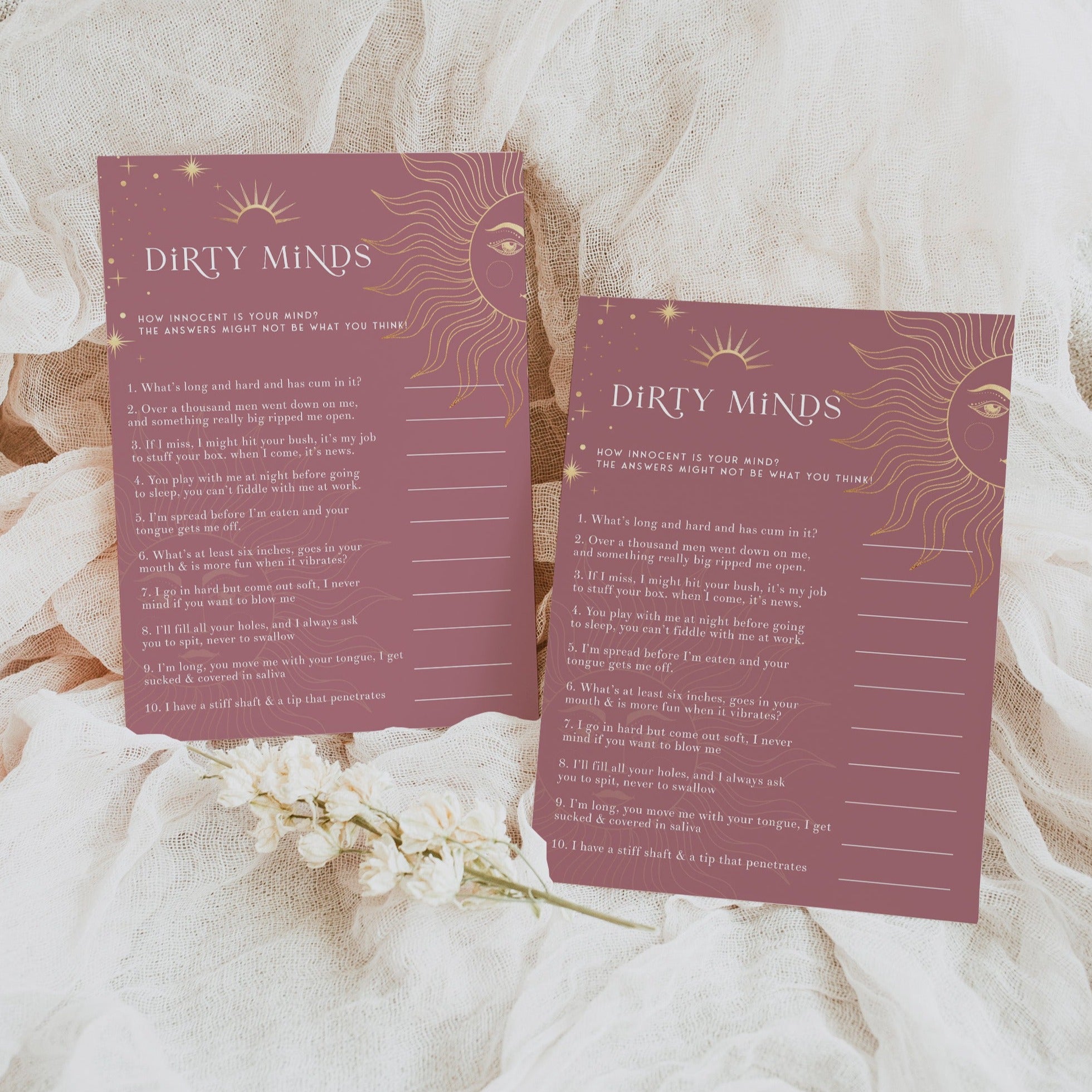 Fully editable and printable bridal shower dirty minds game with a celestial design. Perfect for a celestial bridal shower themed party