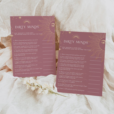 Fully editable and printable bridal shower dirty minds game with a celestial design. Perfect for a celestial bridal shower themed party