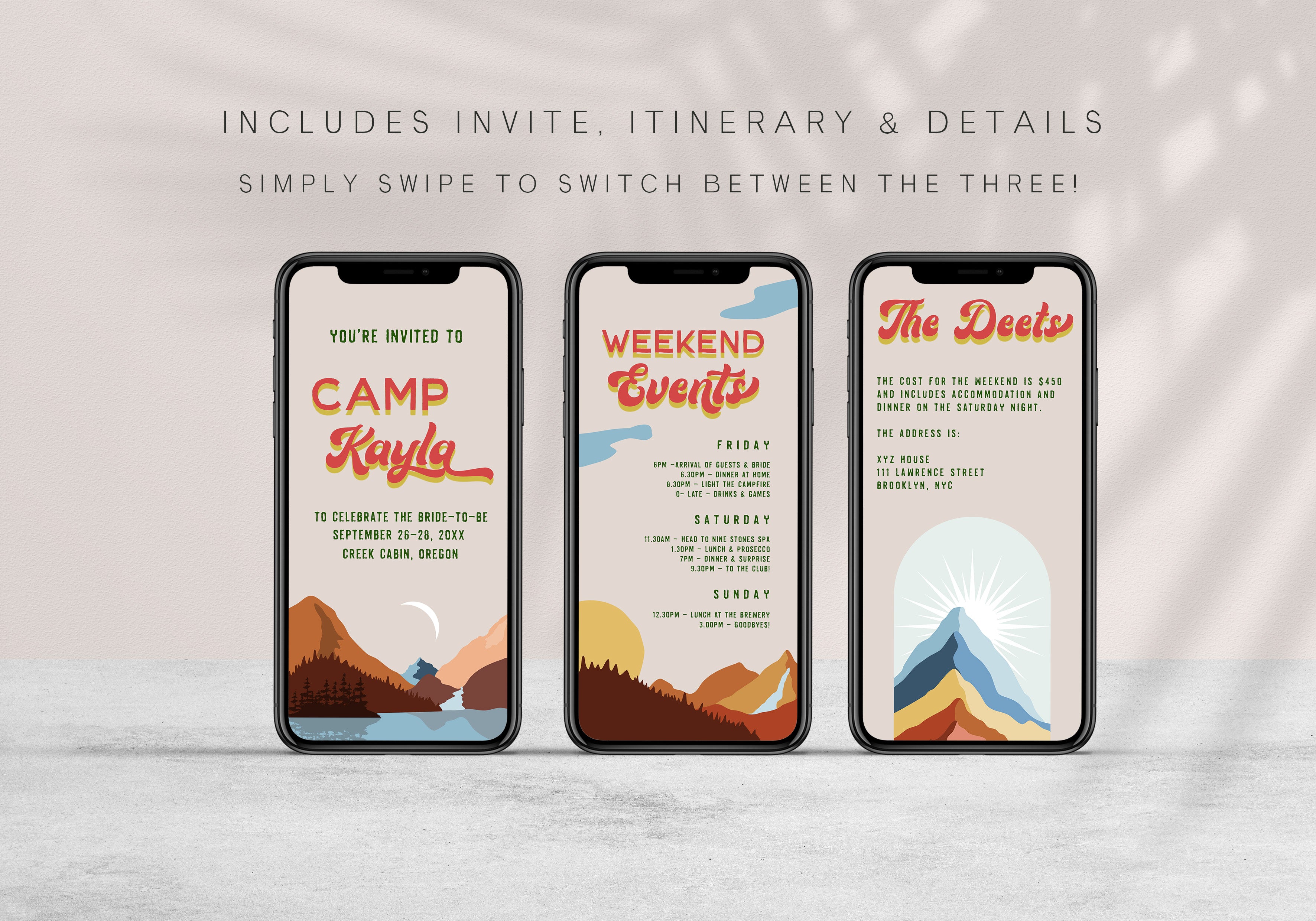 Fully editable bachelorette mobile invitation with a pine cabin design. Perfect for a cabin adventure Bachelorette themed party