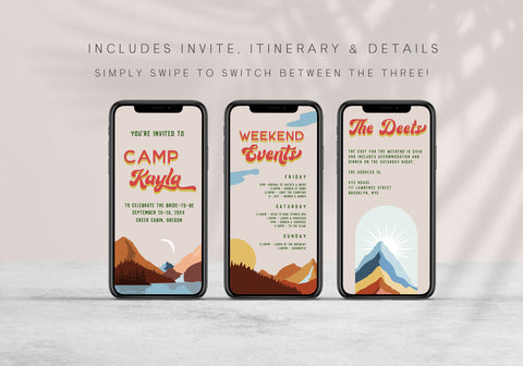 Fully editable bachelorette mobile invitation with a pine cabin design. Perfect for a cabin adventure Bachelorette themed party