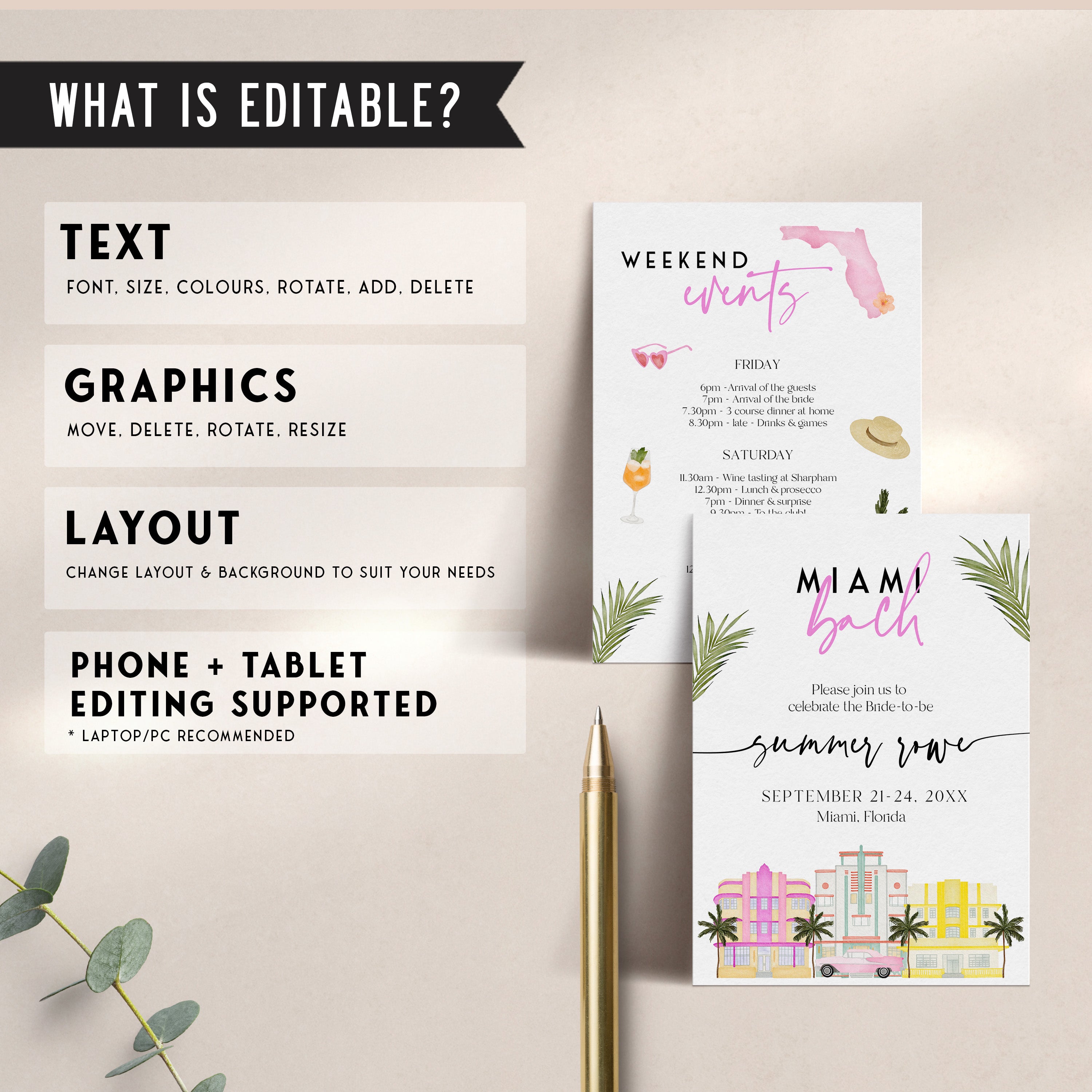 Fully editable and printable miami bitch bachelorette invitation with a miami design. Perfect for a miami, Bachelorette themed party