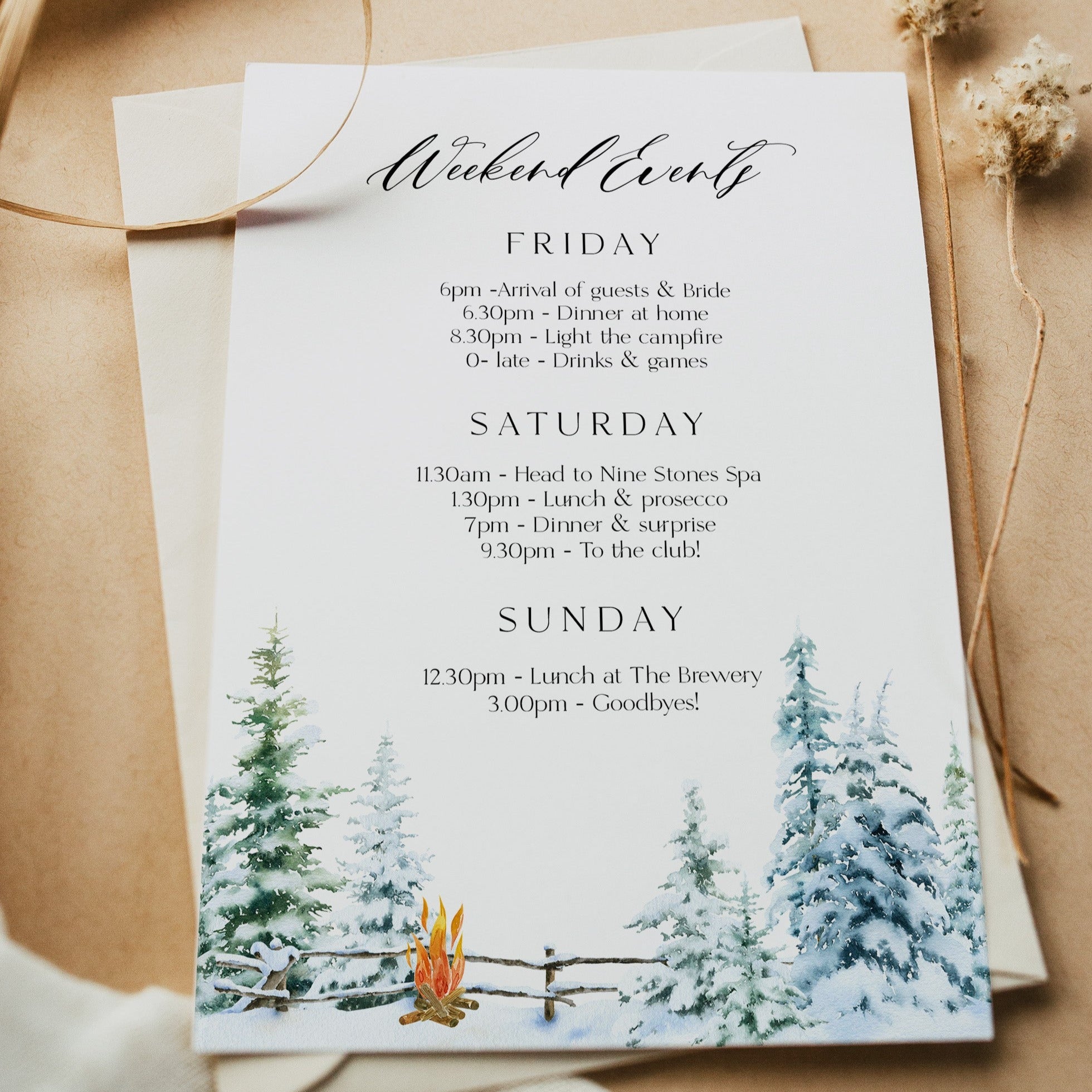 Fully editable and printable mountain cabin invitation with a mountain design. Perfect for a snowy cabin mountain bridal shower