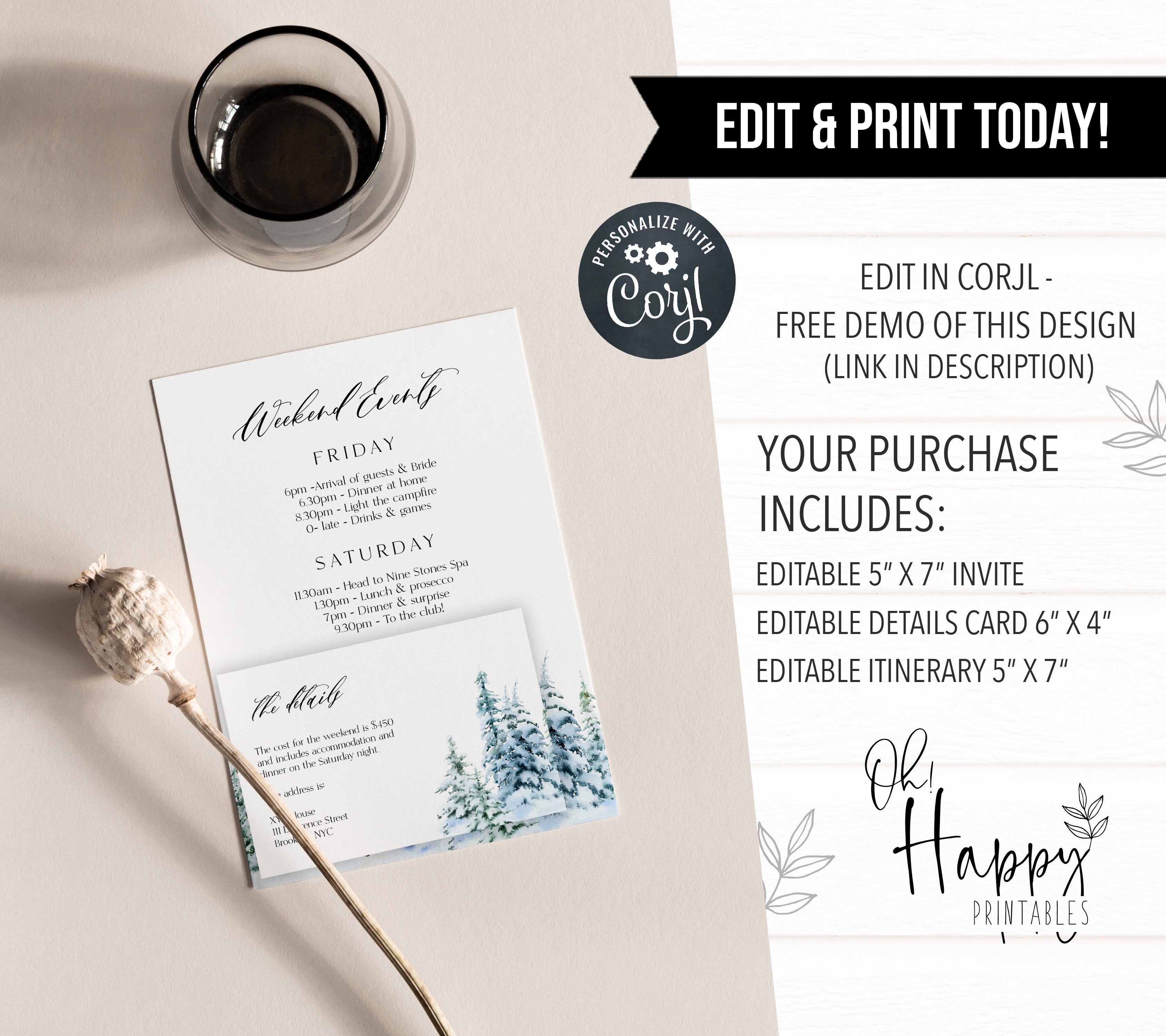 Fully editable and printable mountain cabin invitation with a mountain design. Perfect for a snowy cabin mountain bridal shower