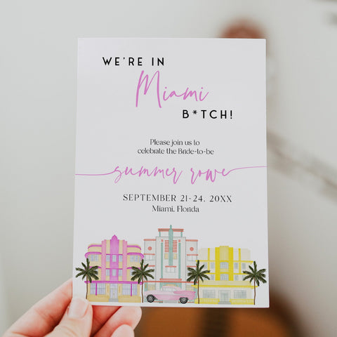 Fully editable and printable miami bitch bachelorette invitation with a miami design. Perfect for a miami, Bachelorette themed party