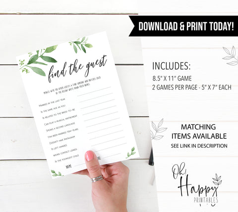 find the guest game, greenery bridal shower, fun bridal shower games, bachelorette party games, floral bridal games, hen party ideas