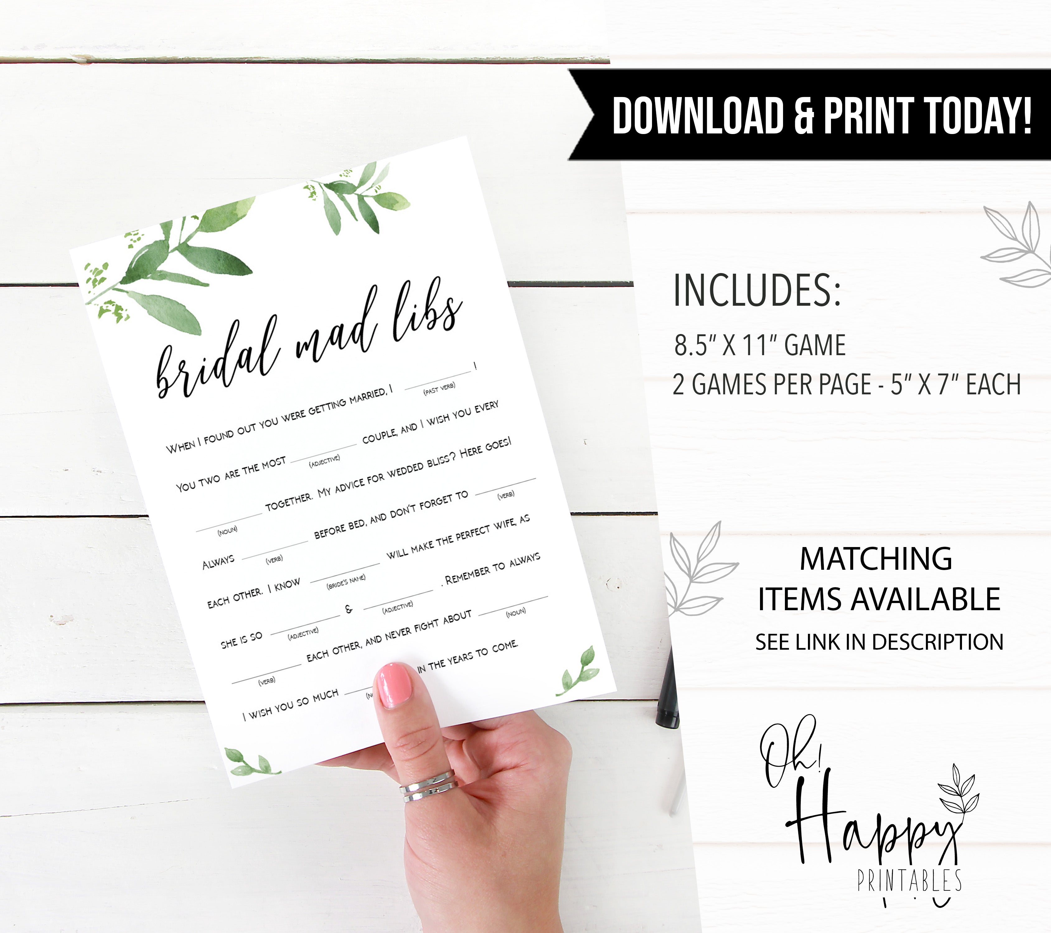 bridal mad libs game, greenery bridal shower, fun bridal shower games, bachelorette party games, floral bridal games, hen party ideas