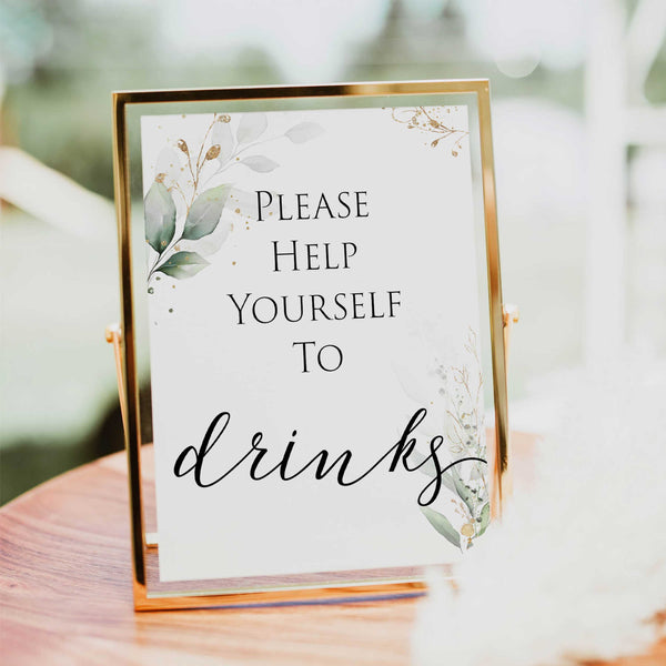 Drinks Sign - Gold & Green Leaf Printable Baby Shower Signs ...