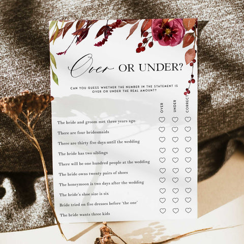 Fully editable and printable over or under games with a Fall design. Perfect for a fall floral bridal shower