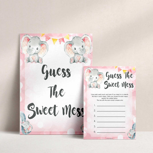 pink elephant baby games, guess the sweet mess baby shower games, printable baby shower games, baby shower games, fun baby games, popular baby games, pink baby games