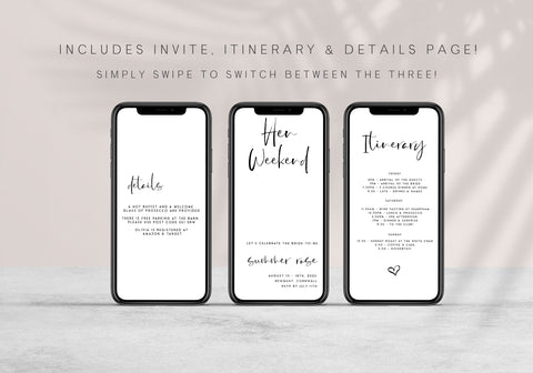 Fully editable hen weekend mobile invitation with a modern minimalist design. Perfect for a modern simple bridal shower themed party