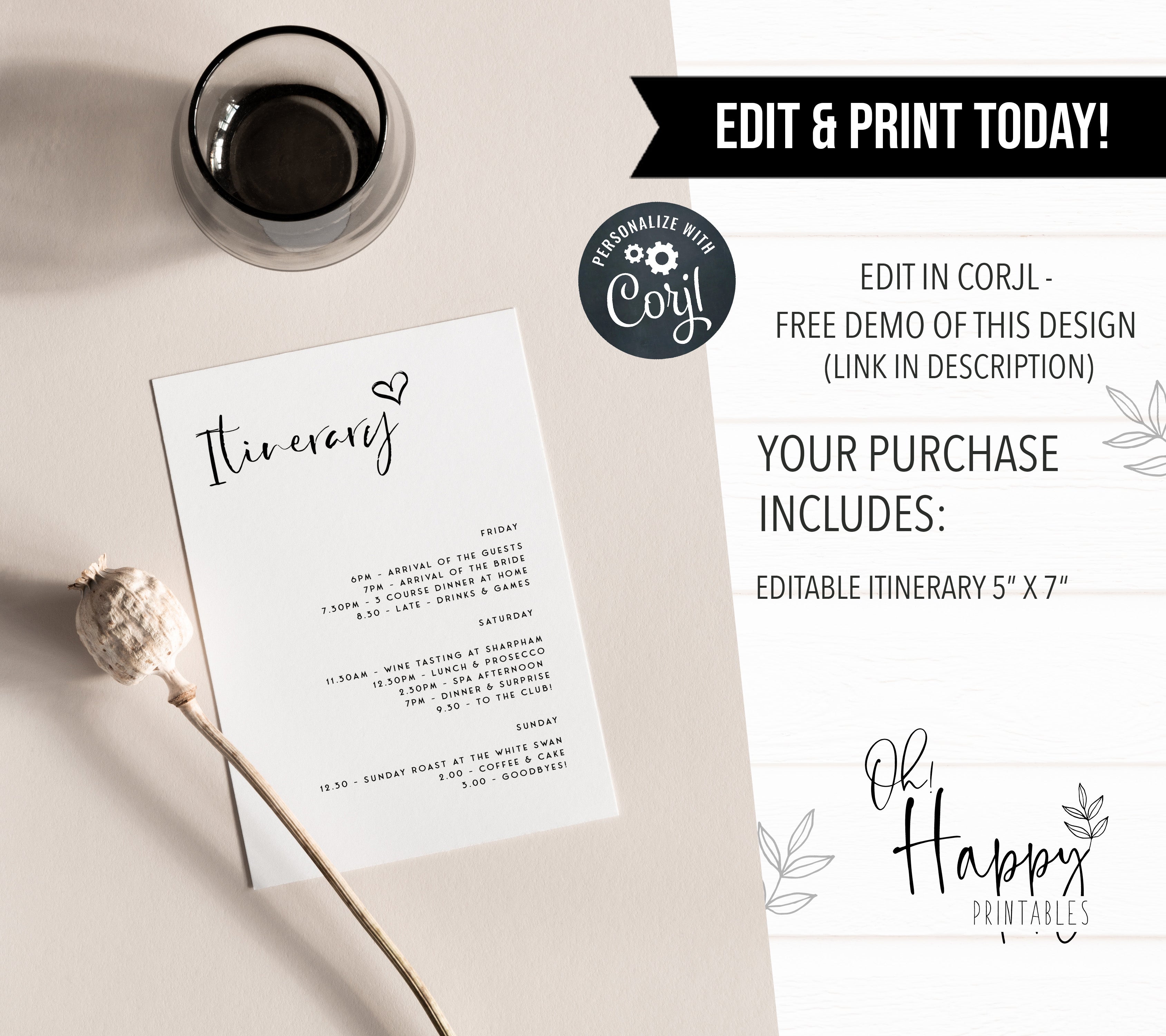 Fully editable and printable bridal shower itinerary with a modern minimalist design. Perfect for a modern simple bridal shower themed party