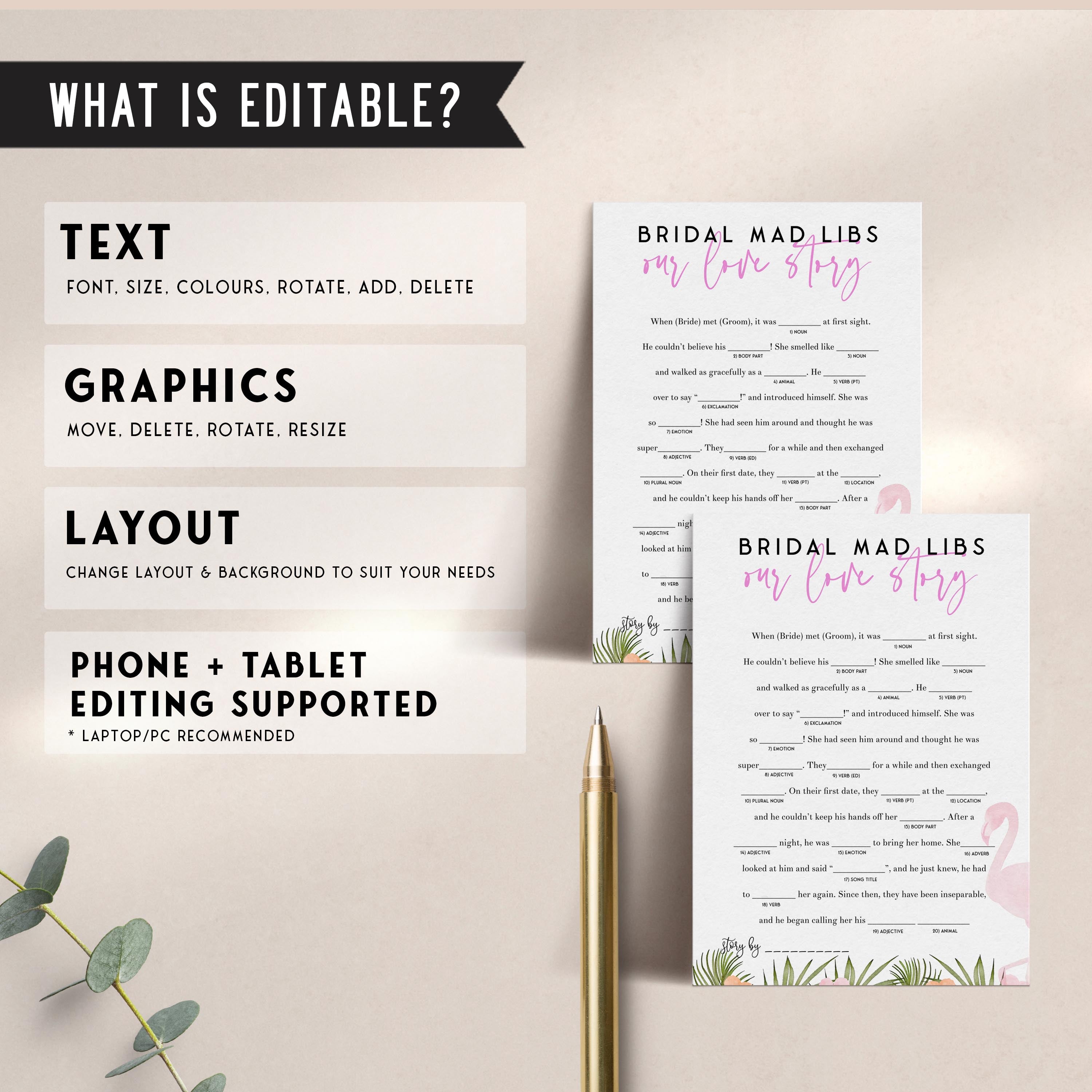 Fully editable and printable bridal mad libs game with a miami design. Perfect for a miami, Bachelorette themed party