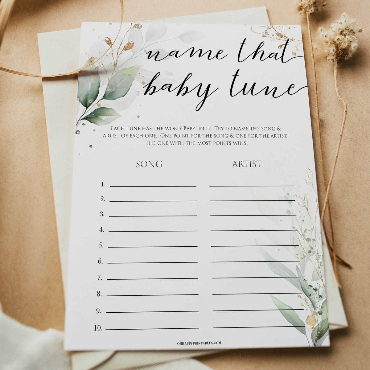 Gold green leaf baby games, name that baby tune, printable baby games, fun baby games, top baby games to play, gold leaf baby shower, greenery baby shower ideas