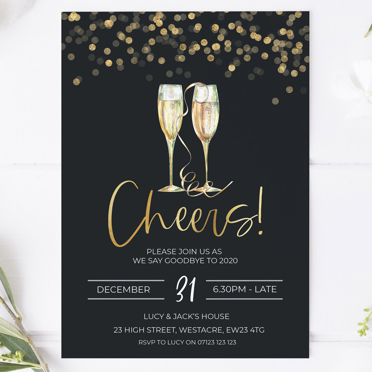 Gold cheers New years eve invitation, new years eve invitations, new years party invites, editable invitations, new years eve ideas