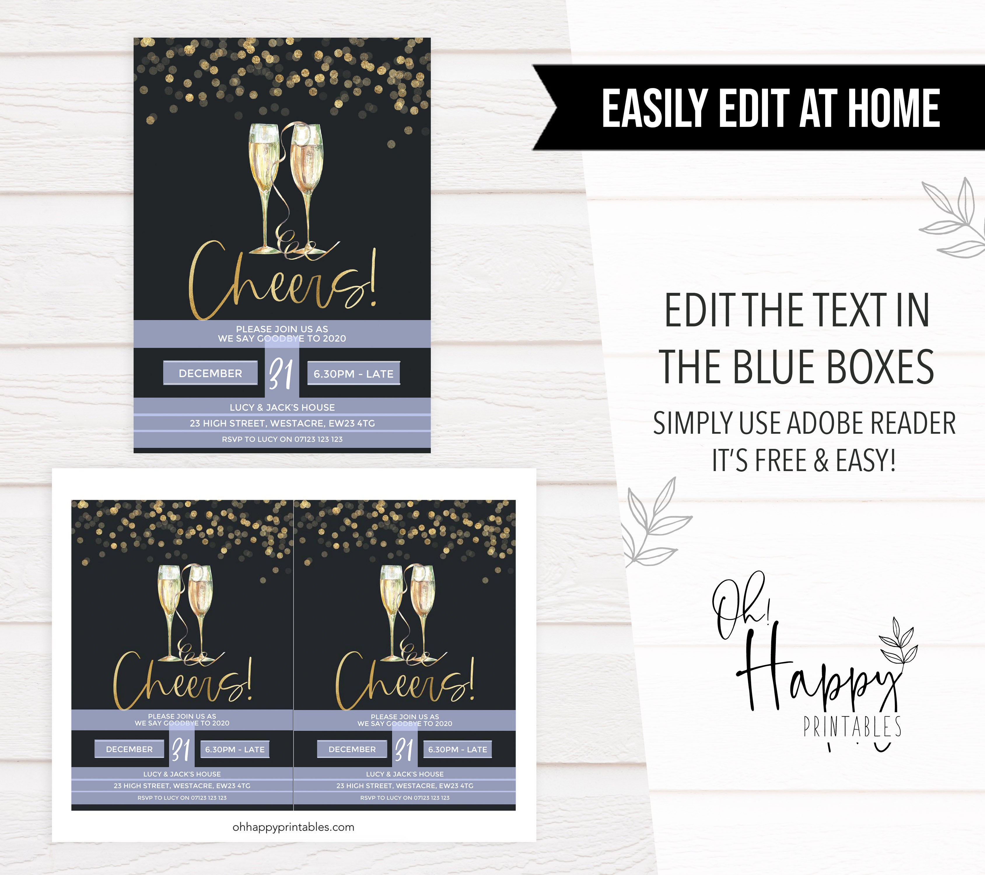 Gold cheers New years eve invitation, new years eve invitations, new years party invites, editable invitations, new years eve ideas