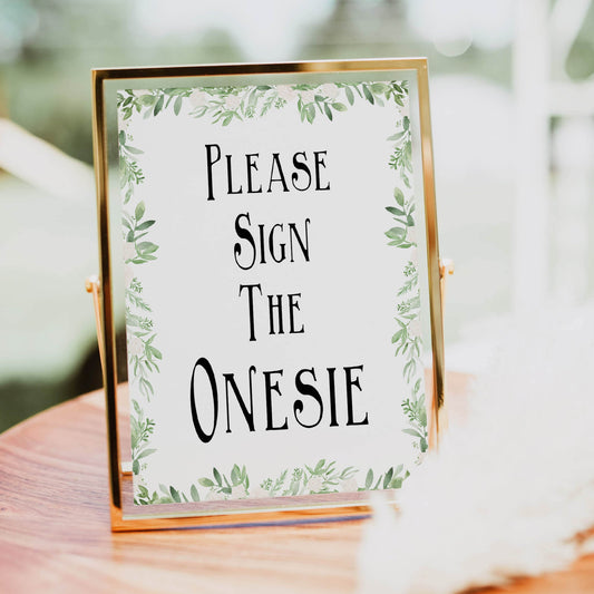 Please sign the onesie sign, Printable baby shower games, greenery baby shower games, fun floral baby games, botanical baby shower games,