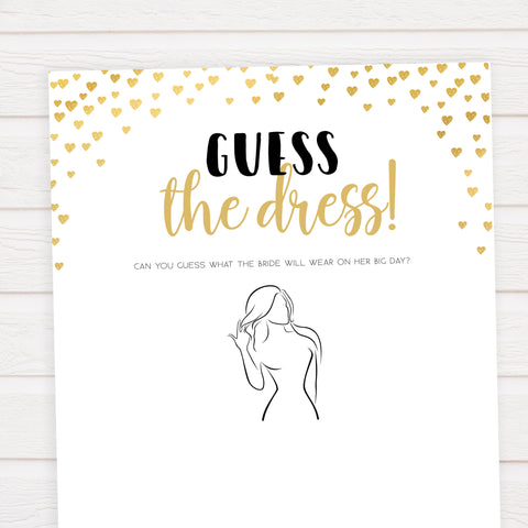 Gold hearts bachelorette games, guess the dress game, printable bachelorette games, hen party games, top party games, fun bridal shower games, bachelorette party games